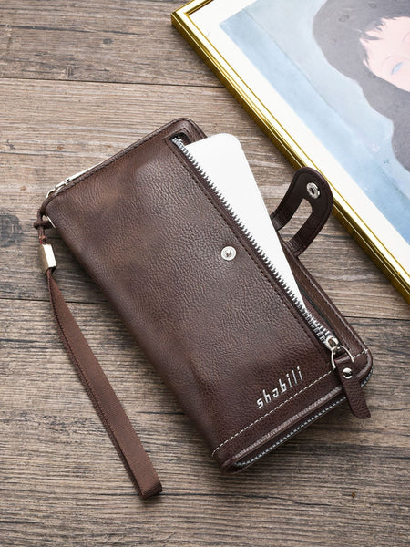 Two Pieces High Capacity Pu Leather Clutch Wallet Unisex Design With Wrist Strap Zipper And Multiple Card Slots Black Wallets