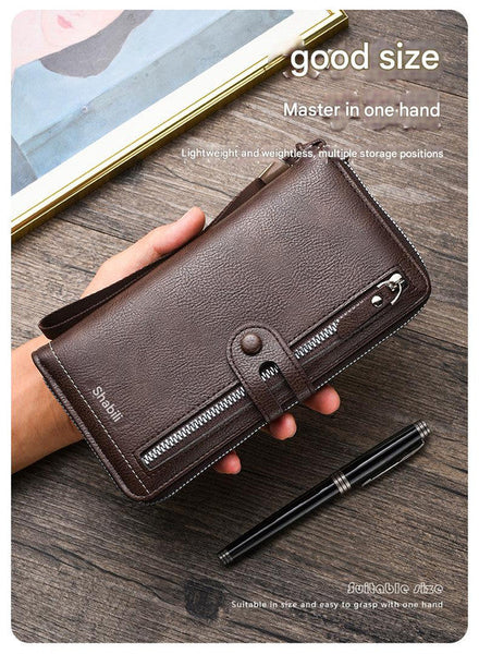 Two Pieces High Capacity Pu Leather Clutch Wallet Unisex Design With Wrist Strap Zipper And Multiple Card Slots Black Wallets