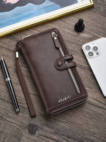Two Pieces High Capacity Pu Leather Clutch Wallet Unisex Design With Wrist Strap Zipper And Multiple Card Slots Dark Brown Wallets