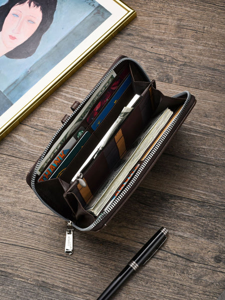 Two Pieces High Capacity Pu Leather Clutch Wallet Unisex Design With Wrist Strap Zipper And Multiple Card Slots Dark Brown Wallets