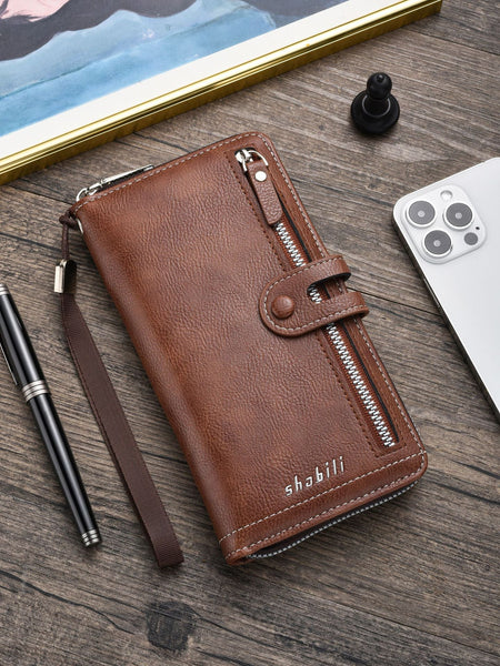 Two Pieces High Capacity Pu Leather Clutch Wallet Unisex Design With Wrist Strap Zipper & Multiple Card Slots Light Brown Wallets