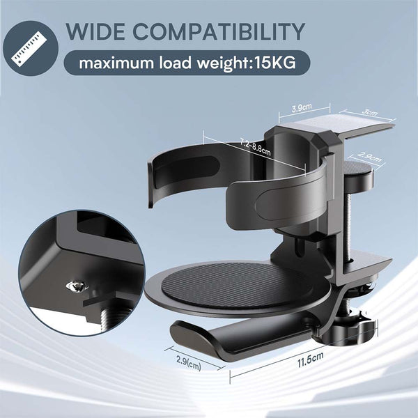 Two Desktop Clip On Cup Holders And Headphone Hanger Adjustable Non Slip Silicone Maximum Load 15Kg(Black) Headphone Accessories