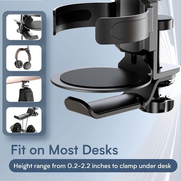 Two Desktop Clip On Cup Holders And Headphone Hanger Adjustable Non Slip Silicone Maximum Load 15Kg(Silver) Headphone Accessories