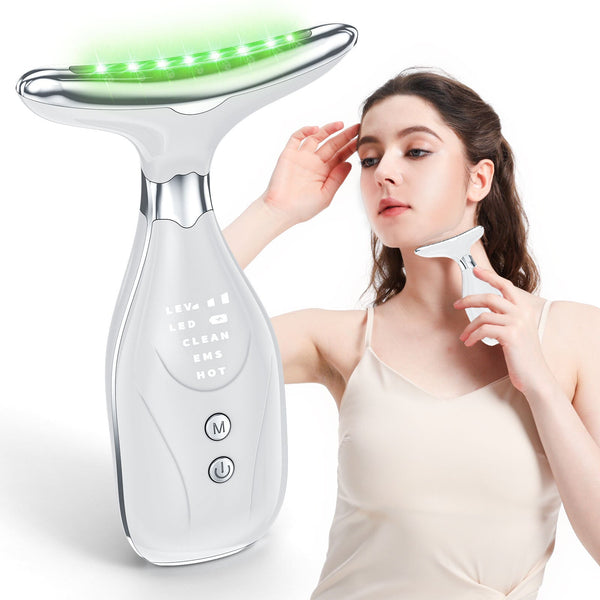 Multi Function Facial Neck Massager With Led Light Therapy Ems Warm Import Rechargeable Skin Care Device White Massagers