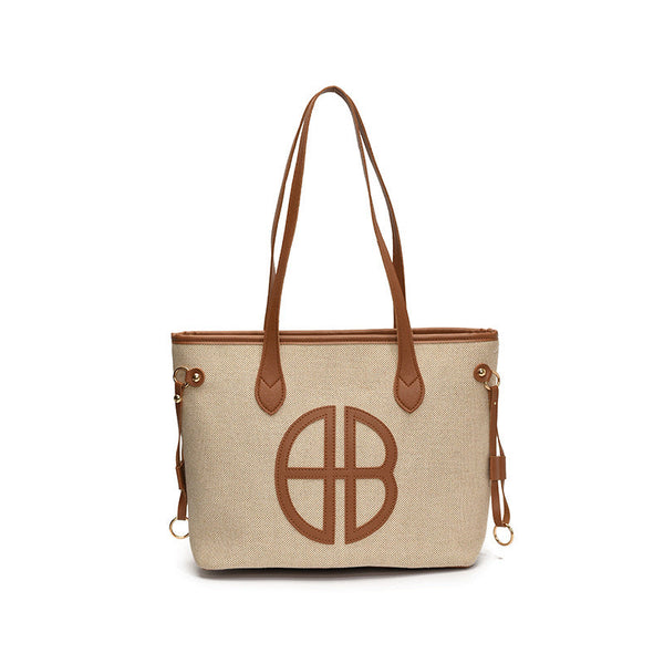 Stylish Large Capacity Tote Bag With Pu Leather Trim & Logo Detail Beige Brown Women's Bags & Handbags