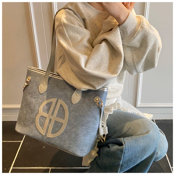 Stylish Large Capacity Tote Bag With Pu Leather Trim & Logo Detail Beige Brown Women's Bags & Handbags