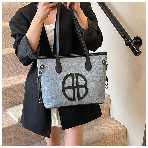 Stylish Large Capacity Tote Bag With Pu Leather Trim & Logo Detail Blue Black Women's Bags & Handbags
