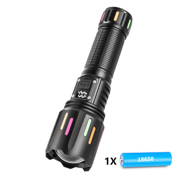 30W High Brightness Led Flashlight With Digital Display & Fluorescent Design Usb Rechargeable 800 1200M Range(Black+One 18650 Battery) Flashlights