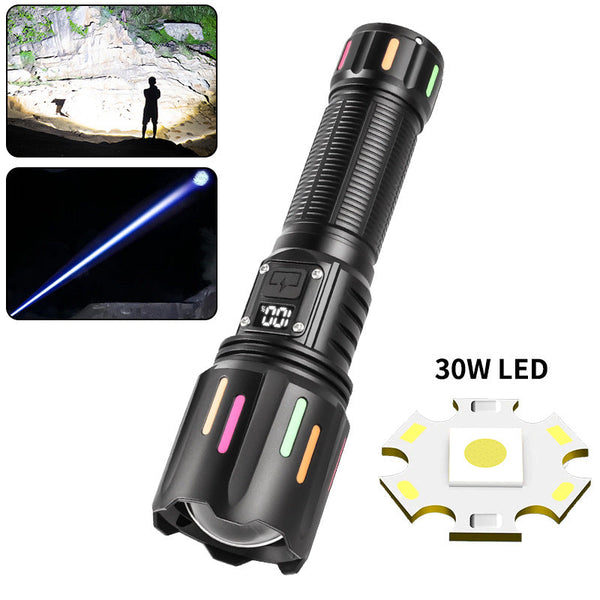 30W High Brightness Led Flashlight With Digital Display & Fluorescent Design Usb Rechargeable 800 1200M Range(Black+One 18650 Battery) Flashlights