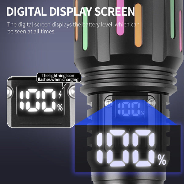 30W High Brightness Led Flashlight With Digital Display & Fluorescent Design Usb Rechargeable 800 1200M Range(Black+One 18650 Battery) Flashlights