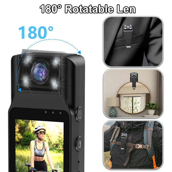 Mini Body Camera With 180 Rotatable Lens Night Vision & Motion Detection 1.3 Screen 1200Mah Battery(Black+128G)" Camcorders