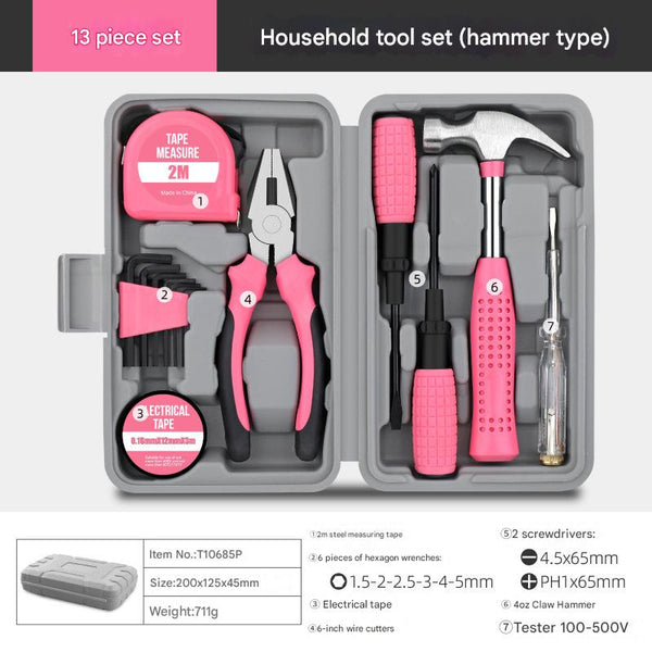 13 Piece Essential Household Tool Kit Compact Home Repair & Diy Set With Storage Case Pink Hand Tool Sets