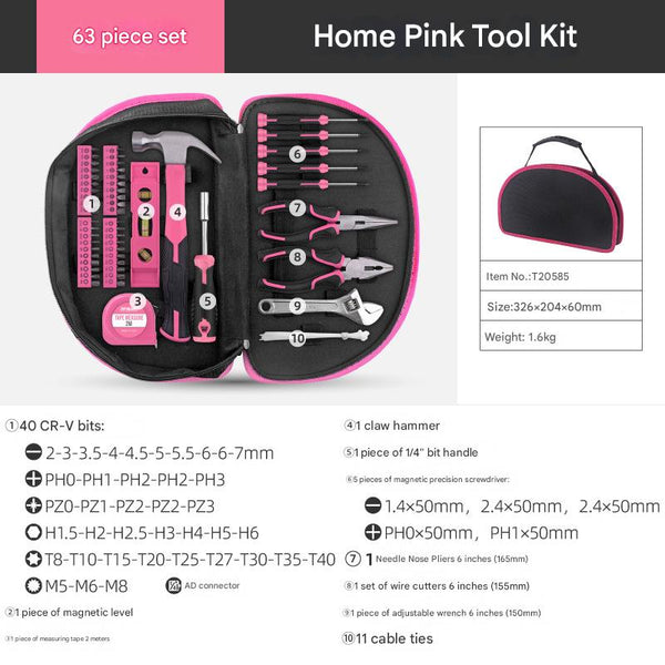 63 Piece Essential Home Repair Tool Kit With Portable Zipper Case(Pink) Hand Tool Sets