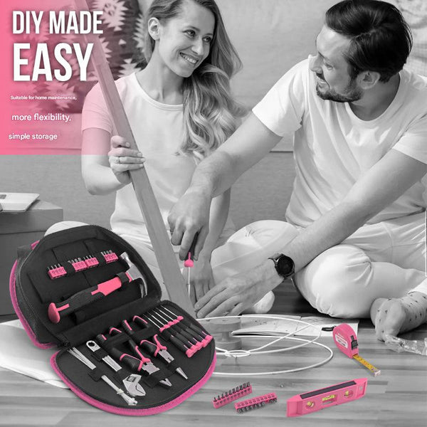 63 Piece Essential Home Repair Tool Kit With Portable Zipper Case(Pink) Hand Tool Sets