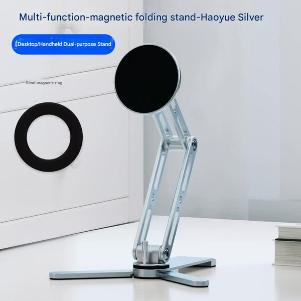 2 In 1 Magnetic Folding Stand For Phones & Tablets Adjustable Aluminum Desktop Handheld Holder Silver Mounts & Holders