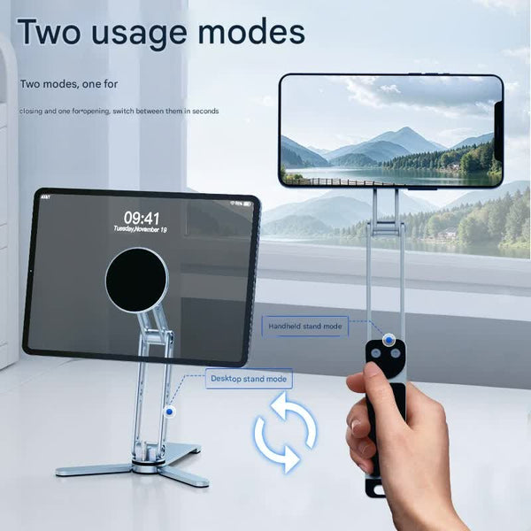 2 In 1 Magnetic Folding Stand For Phones & Tablets Adjustable Aluminum Desktop Handheld Holder Silver Mounts & Holders