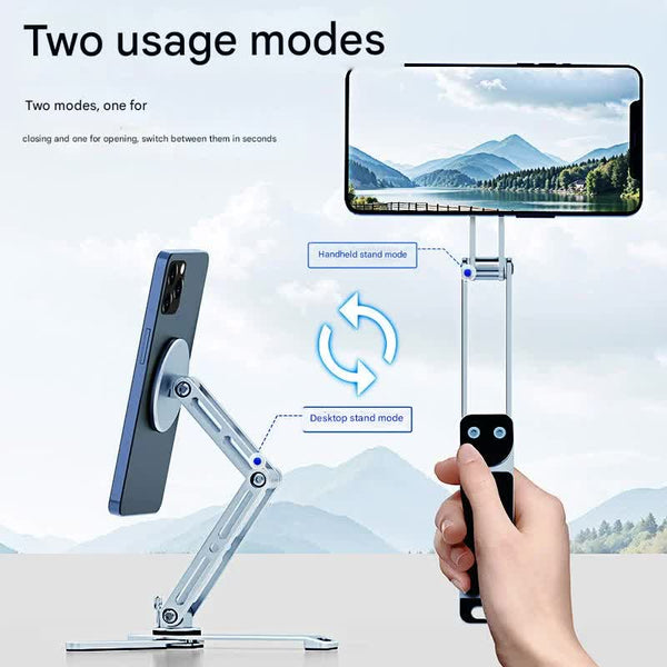2 In 1 Magnetic Folding Stand For Phones & Tablets Adjustable Aluminum Desktop Handheld Holder Silver Mounts & Holders