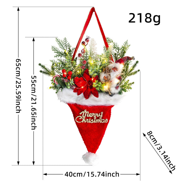 Illuminated Santa Hat Door Hanger With Holiday Greenery & Berries Christmas Wall Decor(Red) Seasonal Decorations