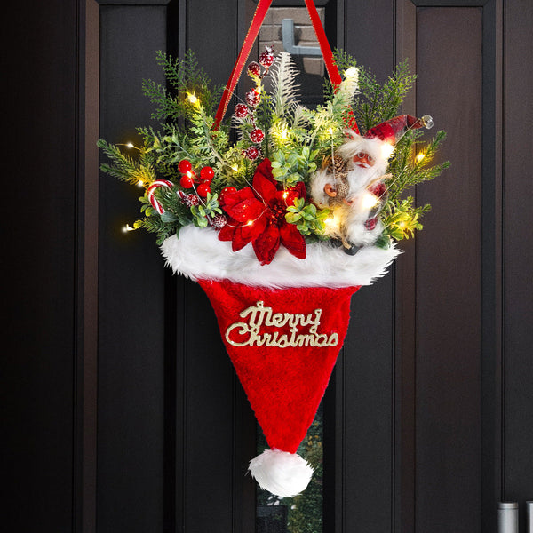 Illuminated Santa Hat Door Hanger With Holiday Greenery & Berries Christmas Wall Decor(Red) Seasonal Decorations