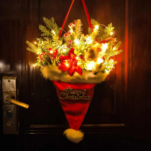 Illuminated Santa Hat Door Hanger With Holiday Greenery & Berries Christmas Wall Decor(Red) Seasonal Decorations