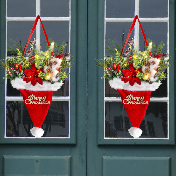 Illuminated Santa Hat Door Hanger With Holiday Greenery & Berries Christmas Wall Decor(Red) Seasonal Decorations