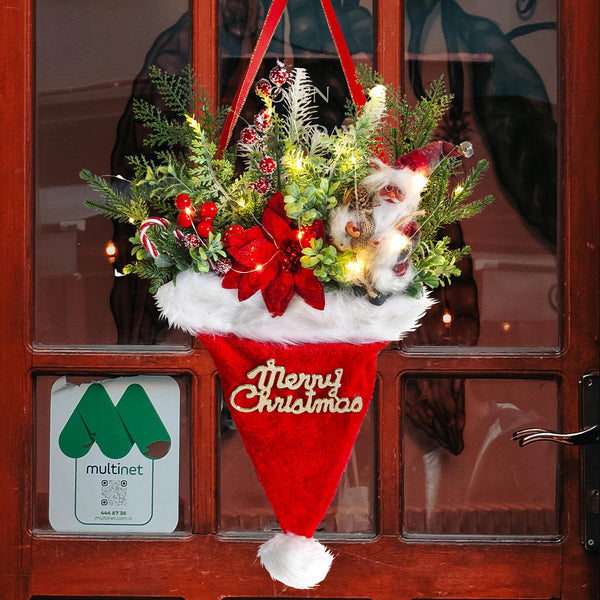 Illuminated Santa Hat Door Hanger With Holiday Greenery & Berries Christmas Wall Decor(Red) Seasonal Decorations