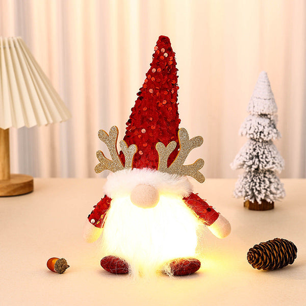Light Up Christmas Gnome Plush Doll With Sequin Hat & Antlers Festive Led Tabletop Decoration(Red) Seasonal Decorations