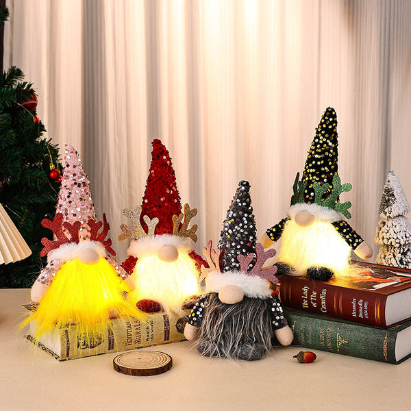 Light Up Christmas Gnome Plush Doll With Sequin Hat & Antlers Festive Led Tabletop Decoration(Red) Seasonal Decorations