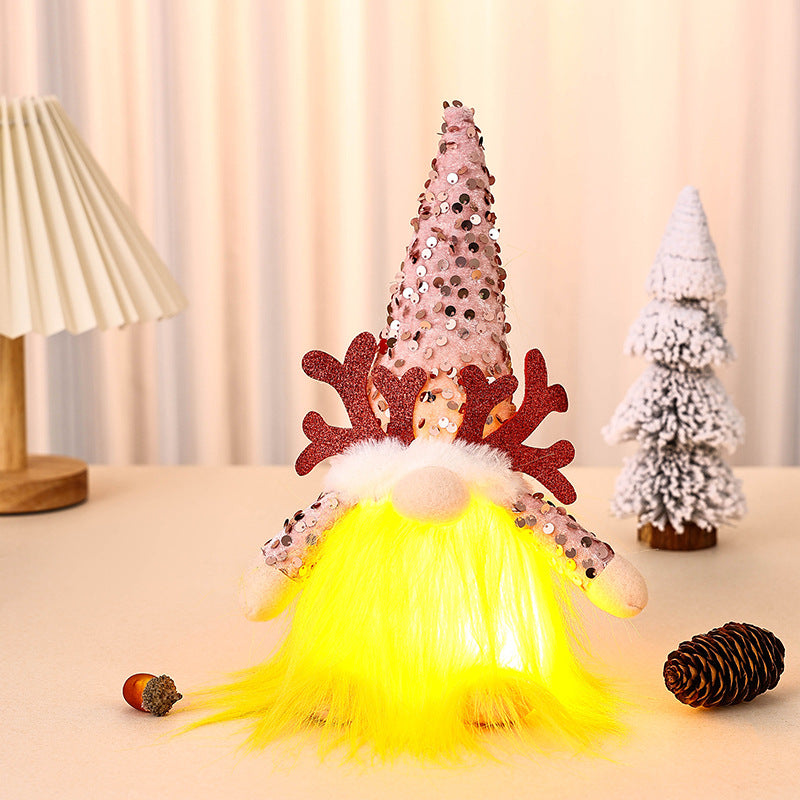Light Up Christmas Gnome Plush Doll With Sequin Hat & Antlers Festive Led Tabletop Decoration(Pink) Seasonal Decorations