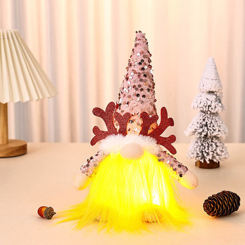 Light Up Christmas Gnome Plush Doll With Sequin Hat & Antlers Festive Led Tabletop Decoration(Pink) Seasonal Decorations