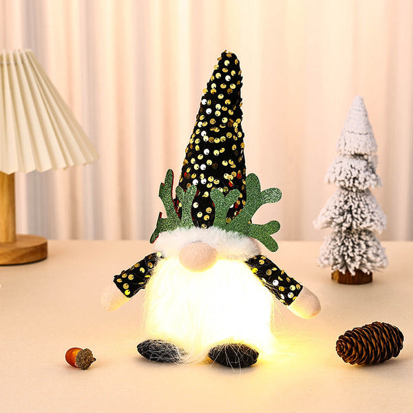 Light Up Christmas Gnome Plush Doll With Sequin Hat & Antlers Festive Led Tabletop Decoration(Gold) Seasonal Decorations