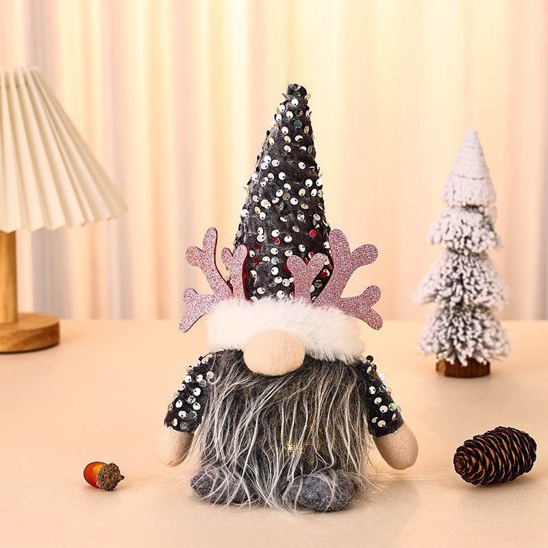 Light Up Christmas Gnome Plush Doll With Sequin Hat & Antlers Festive Led Tabletop Decoration(Silver) Seasonal Decorations