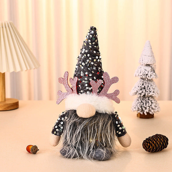 Light Up Christmas Gnome Plush Doll With Sequin Hat & Antlers Festive Led Tabletop Decoration(Silver) Seasonal Decorations