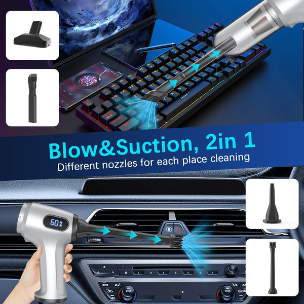 2 In 1 Cordless Handheld Vacuum & Air Duster 12000Pa Suction 70000 Rpm Led Light Usb C Rechargeable (Silver) Vacuum Cleaners
