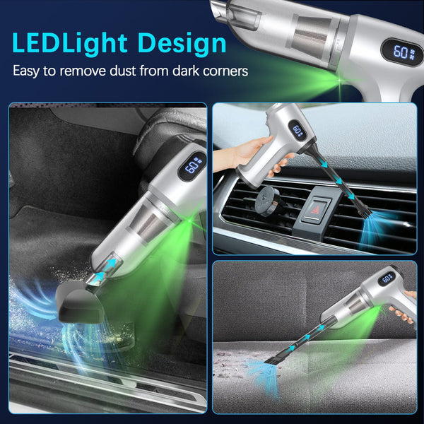 2 In 1 Cordless Handheld Vacuum & Air Duster 12000Pa Suction 70000 Rpm Led Light Usb C Rechargeable (Silver) Vacuum Cleaners