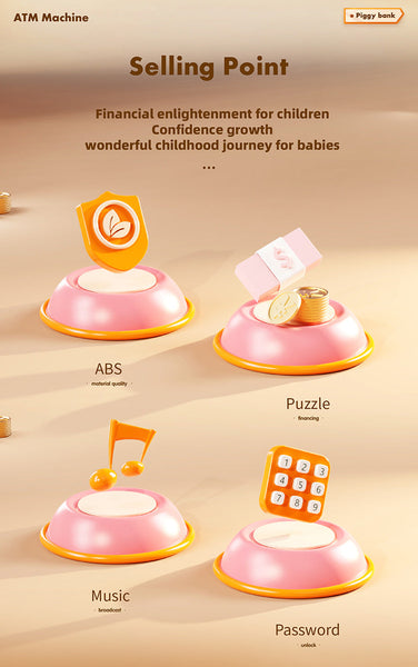 Kids Electronic Atm Piggy Bank With Simulated Facial Recognition & Password Auto Roll In Banknote Coin Money Box For Financial Learning(Pink) Money Bo