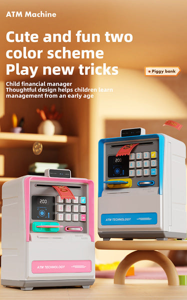 Kids Electronic Atm Piggy Bank With Simulated Facial Recognition & Password Auto Roll In Banknote Coin Money Box For Financial Learning(Pink) Money Bo