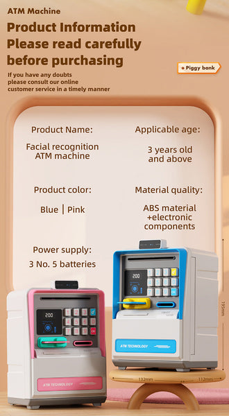 Kids Electronic Atm Piggy Bank With Simulated Facial Recognition & Password Auto Roll In Banknote Coin Money Box For Financial Learning(Pink) Money Bo