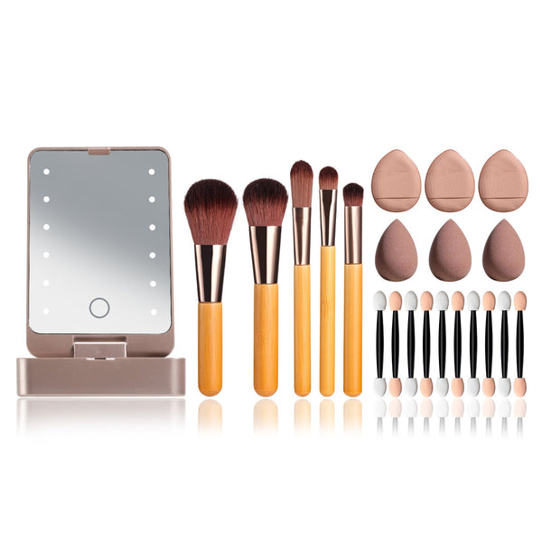 All In One Makeup Brush Kit With Led Mirror Travel Case Sponges & Applicators(Pink) Brushes