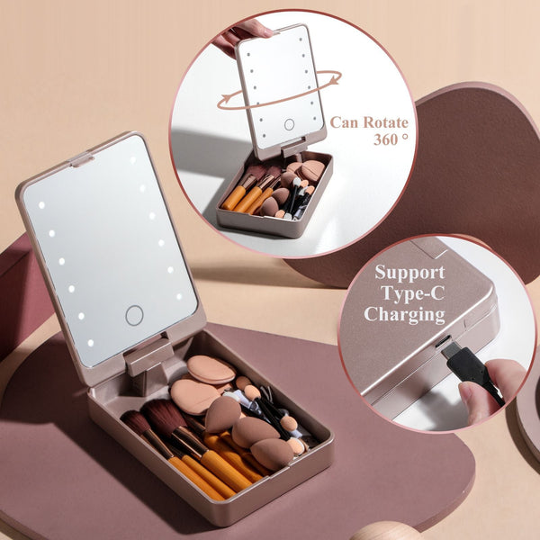 All In One Makeup Brush Kit With Led Mirror Travel Case Sponges & Applicators(Pink) Brushes