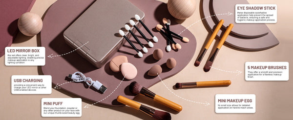 All In One Makeup Brush Kit With Led Mirror Travel Case Sponges & Applicators(Pink) Brushes