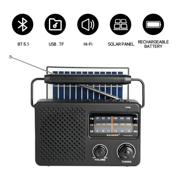 Solar Powered 3 Band Am/Fm/Sw Radio With Bluetooth & Multiple Charging Options(Black) Portable Am/Fm Radios