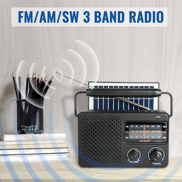Solar Powered 3 Band Am/Fm/Sw Radio With Bluetooth & Multiple Charging Options(Black) Portable Am/Fm Radios