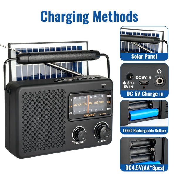 Solar Powered 3 Band Am/Fm/Sw Radio With Bluetooth & Multiple Charging Options(Black) Portable Am/Fm Radios