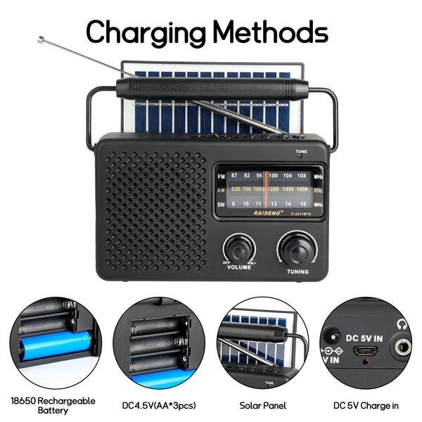 Solar Powered 3 Band Am/Fm/Sw Radio With Bluetooth & Multiple Charging Options(Black) Portable Am/Fm Radios