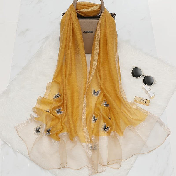 Elegant Butterfly Embroidered Scarf Shawl Large Soft Silk Blend Wrap For Women(Yellow) Scarves & Wraps