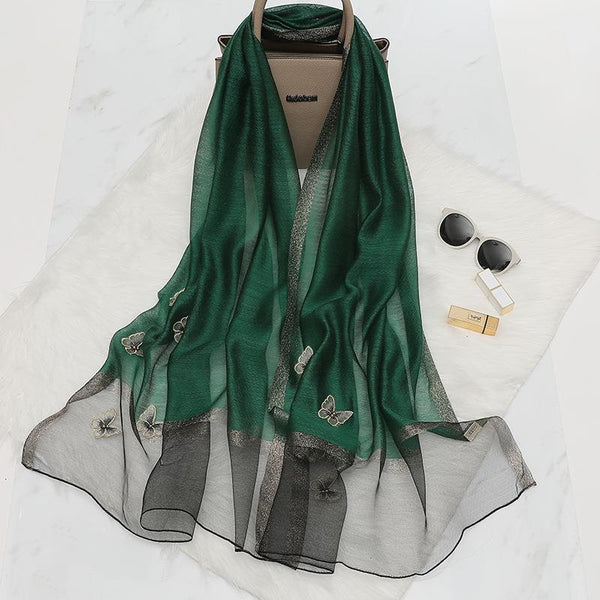 Elegant Butterfly Embroidered Scarf Shawl Large Soft Silk Blend Wrap For Women(Green) Scarves & Wraps