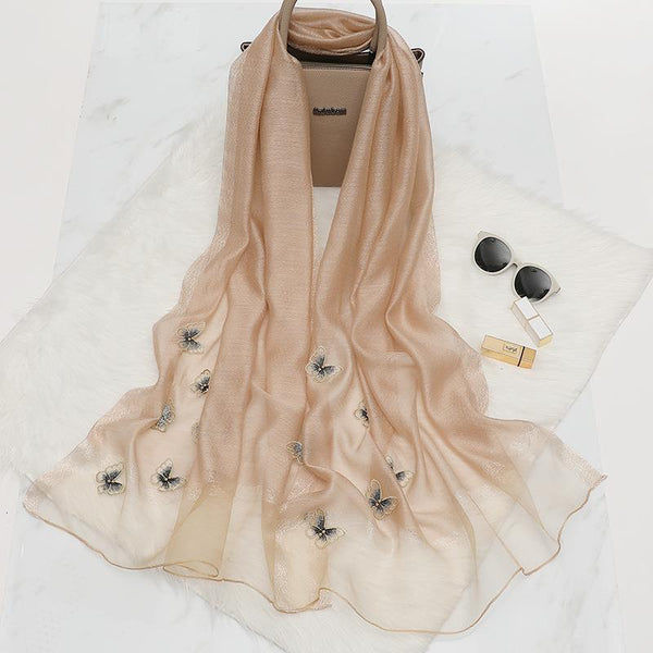 Elegant Butterfly Embroidered Scarf Shawl Large Soft Silk Blend Wrap For Women(Khaki) Scarves & Wraps