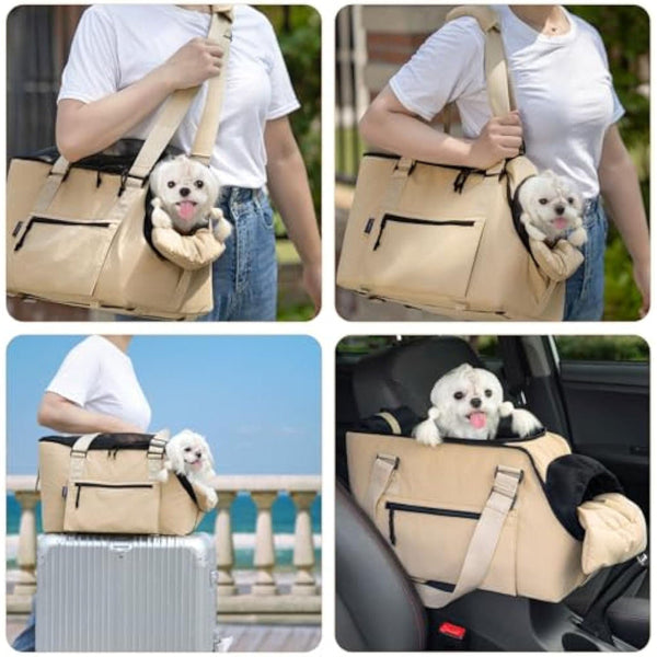Versatile Pet Carrier Tote Bag For Small Dogs & Cats Waterproof Seat Function Adjustable Safety Exit Khaki Pet Transport