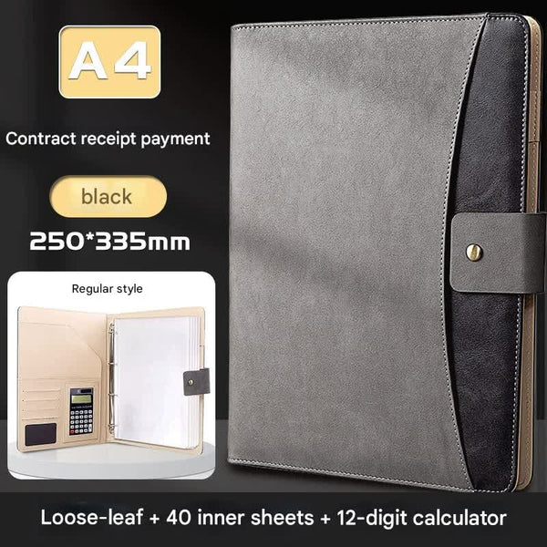 A4 Pu Leather Business Portfolio With Ring Binder Calculator & 40 Sleeves(Grey And Black) School Supplies